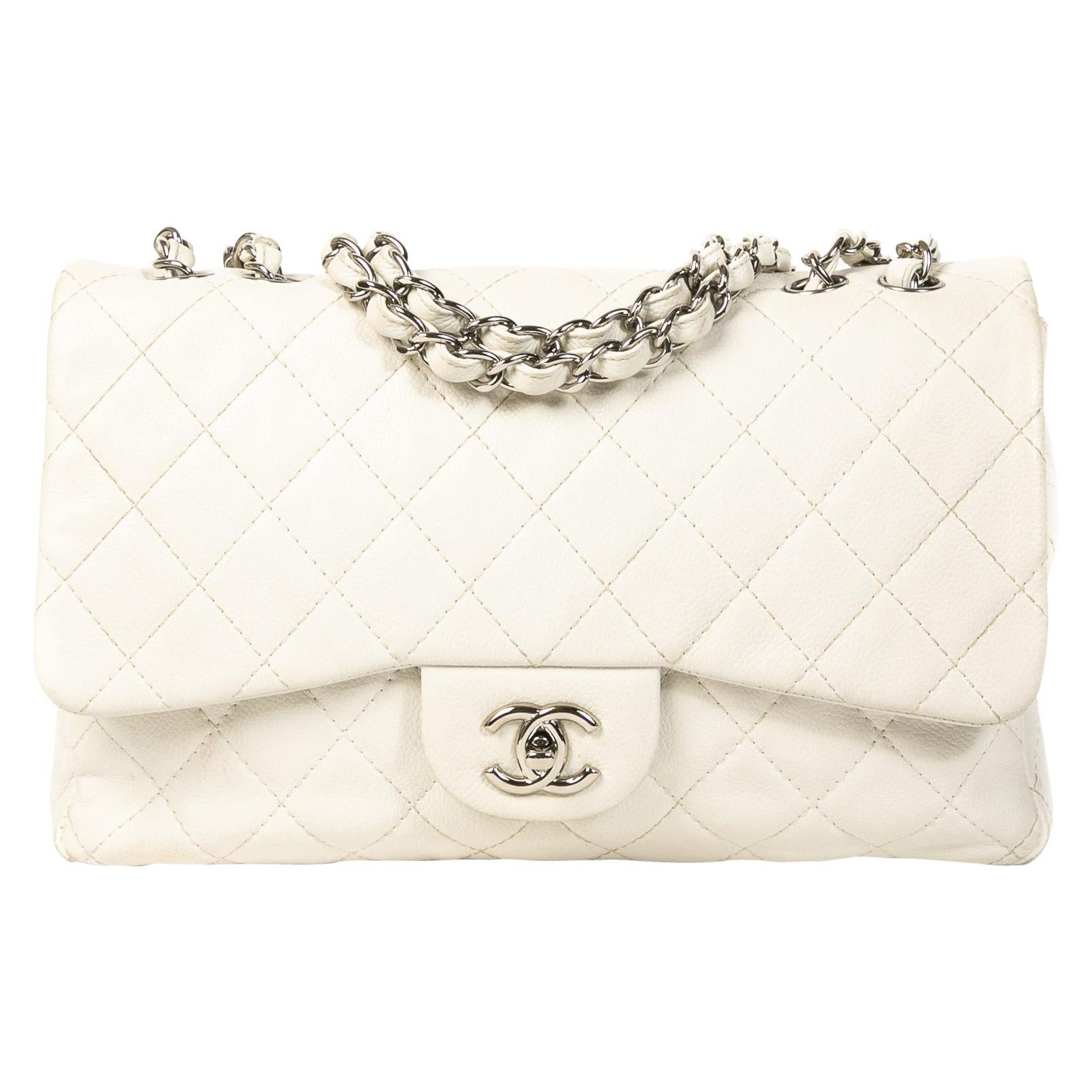 Chanel White Leather Jumbo Classic Single Flap Bag at 1stDibs