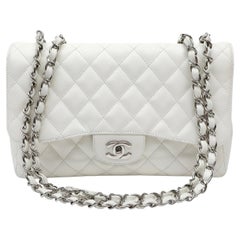 Chanel White Leather Jumbo Classic Single Flap Bag with Gold Hardware