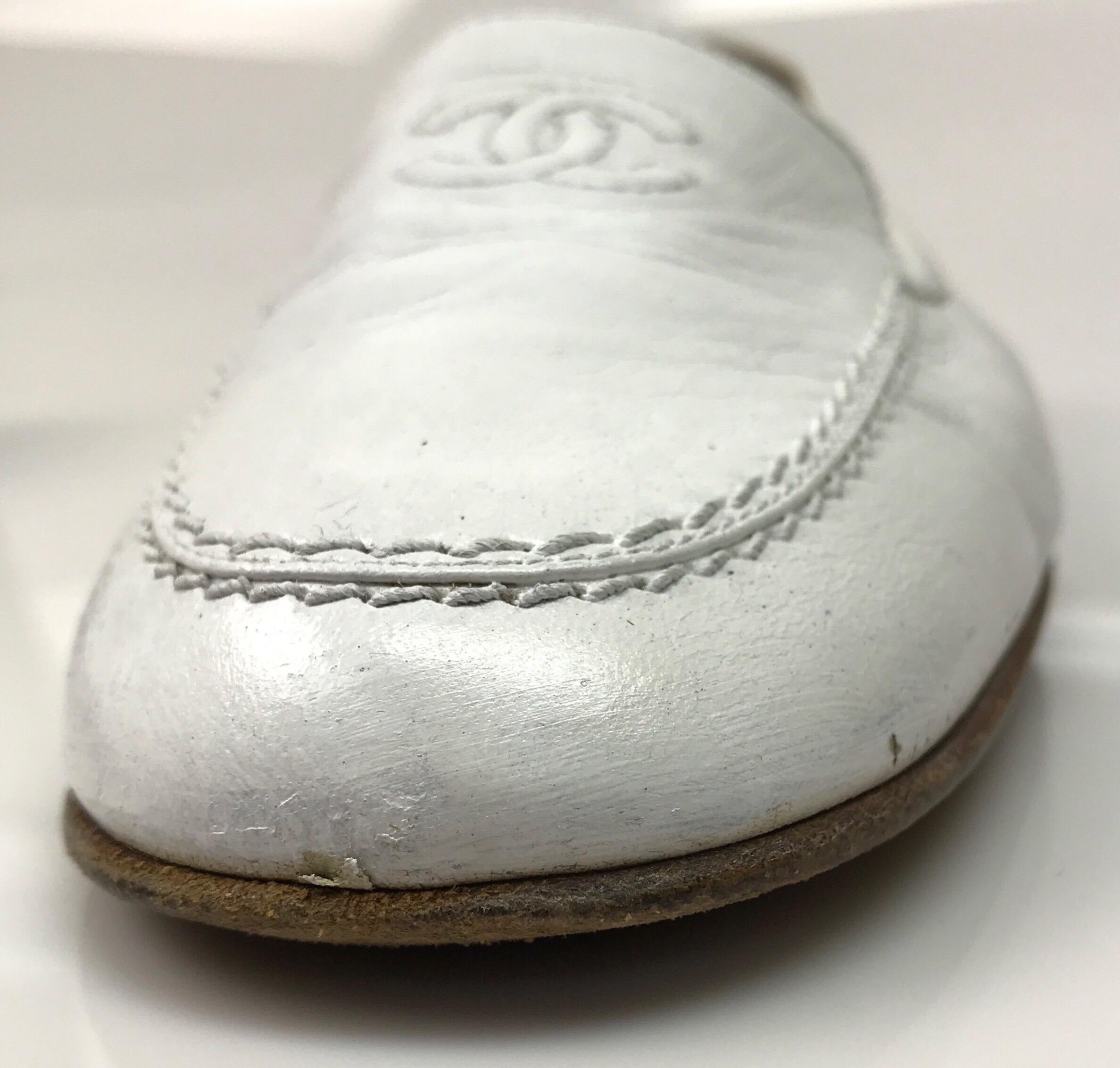 Gray Chanel White Leather Loafers w/ 