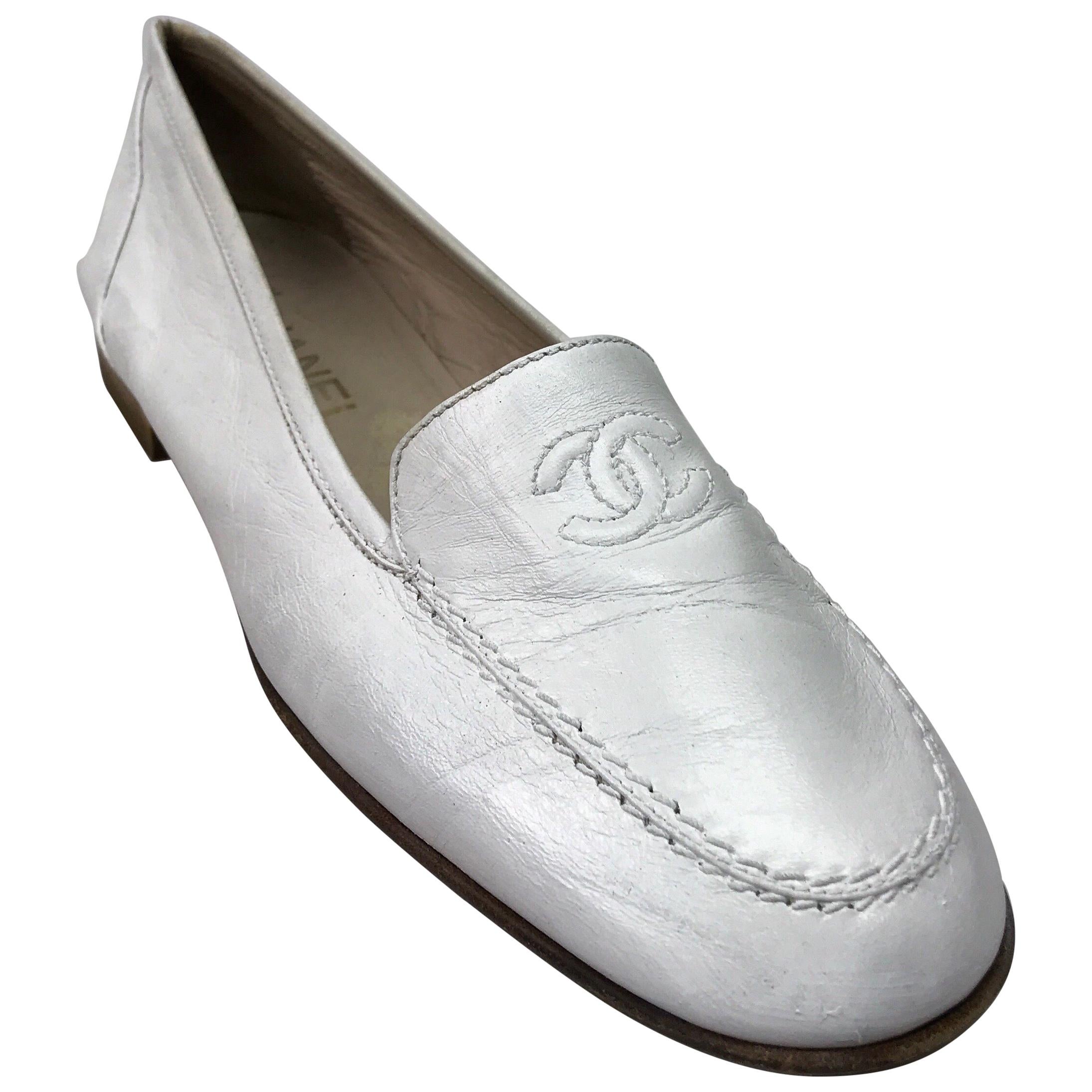 Chanel White Leather Loafers w/ "CC" Stitching-38.5