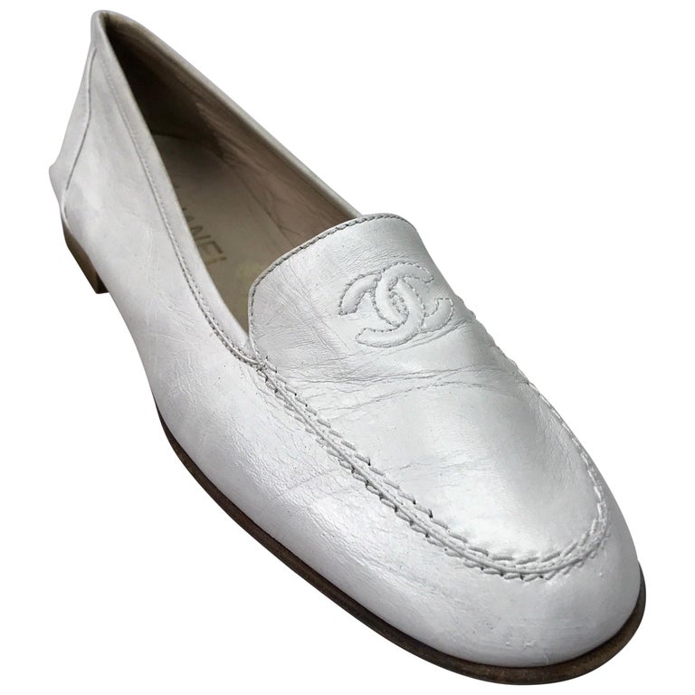 Chanel White Leather Loafers w/ CC Stitching-38.5 at 1stDibs