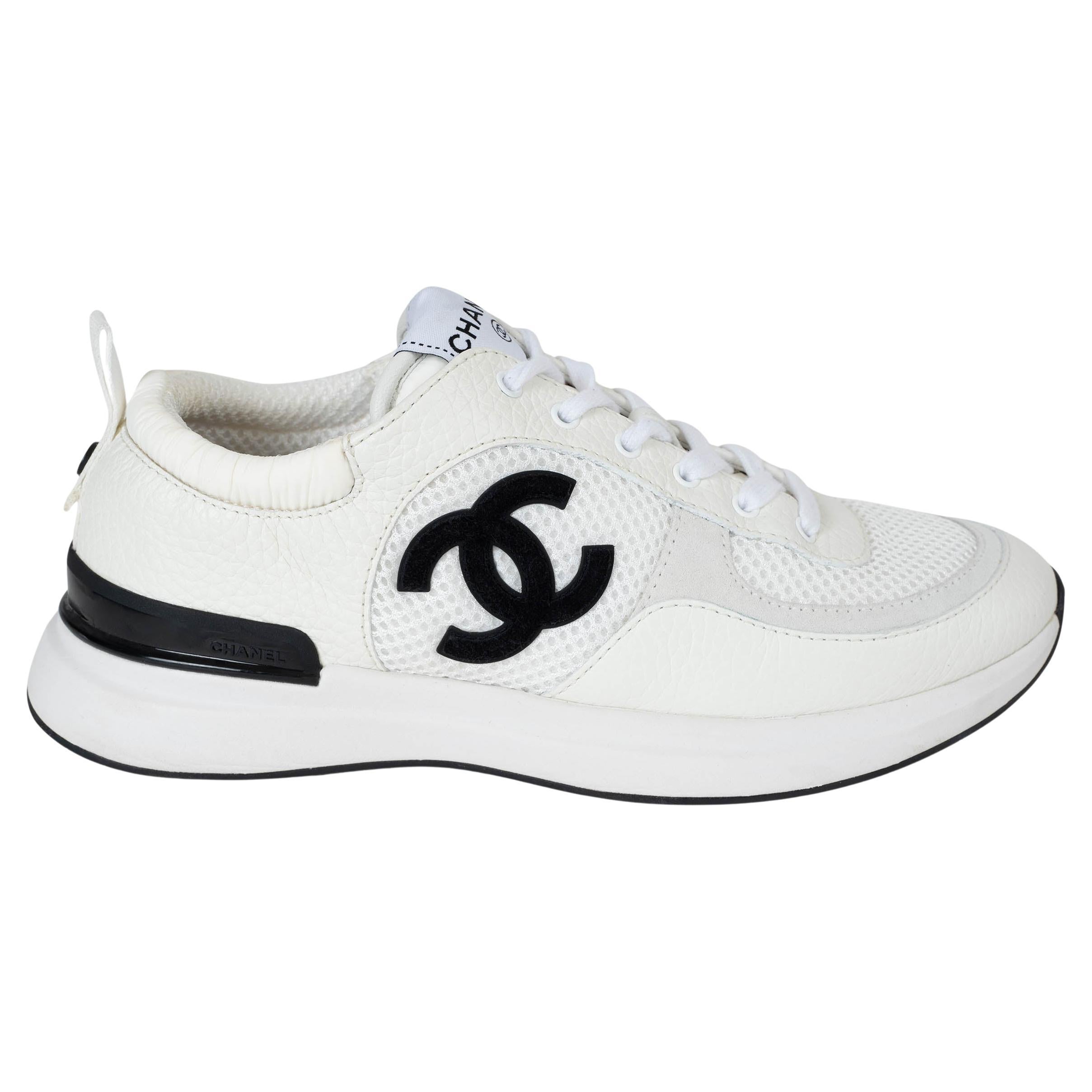 CHANEL cuir blanc & mesh REV LOW TOP Sneakers Shoes 38.5 fit 38 G37491