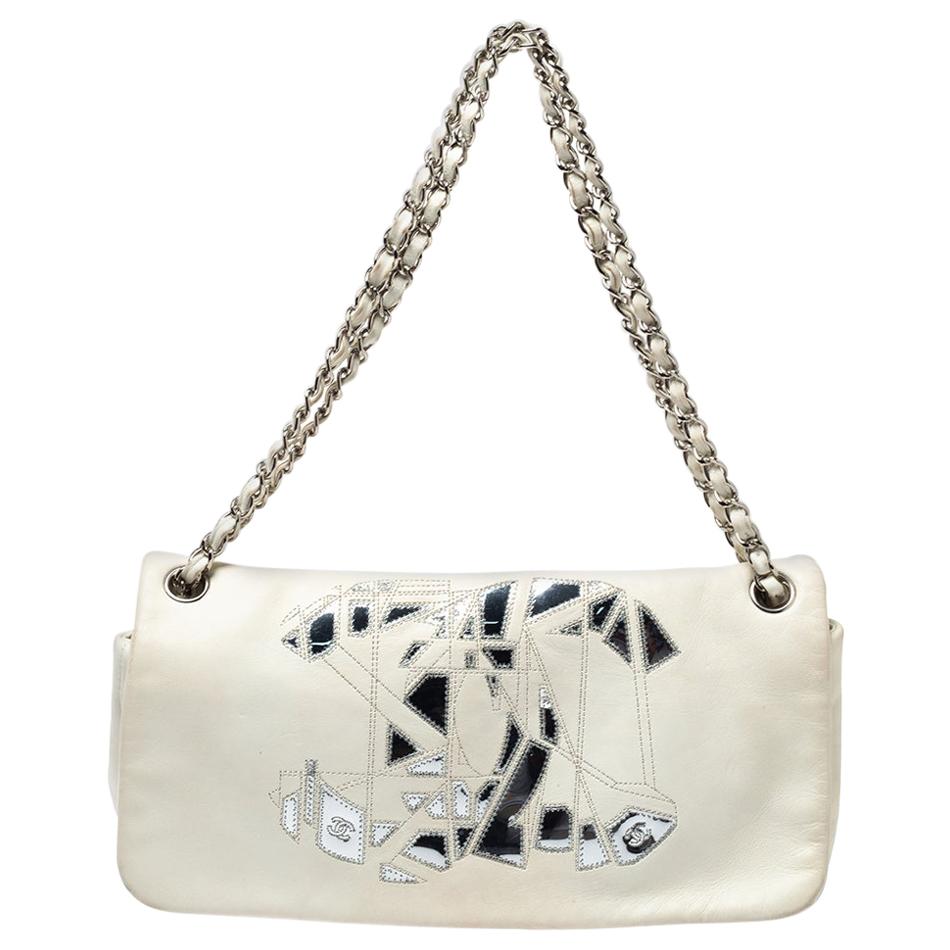 Chanel White Leather Metal Mosaic CC East/West Flap Bag at 1stDibs