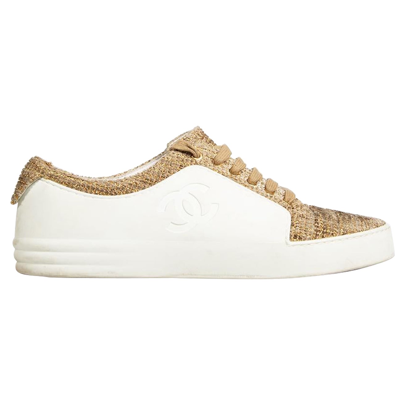 Chanel White Leather Metallic Tweed CC Low Top Sneakers Size IT 39.5