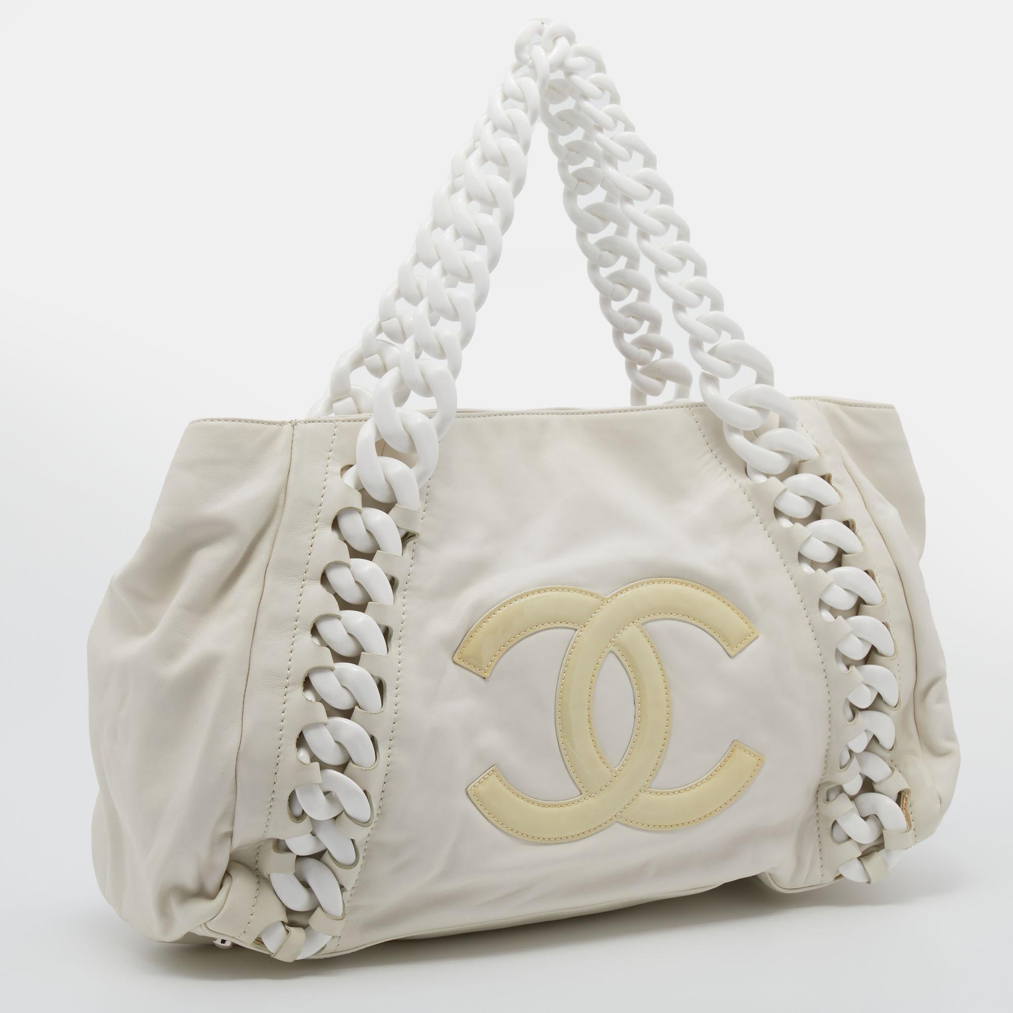 Gray Chanel White Leather Modern Chain Rhodoid East West Tote