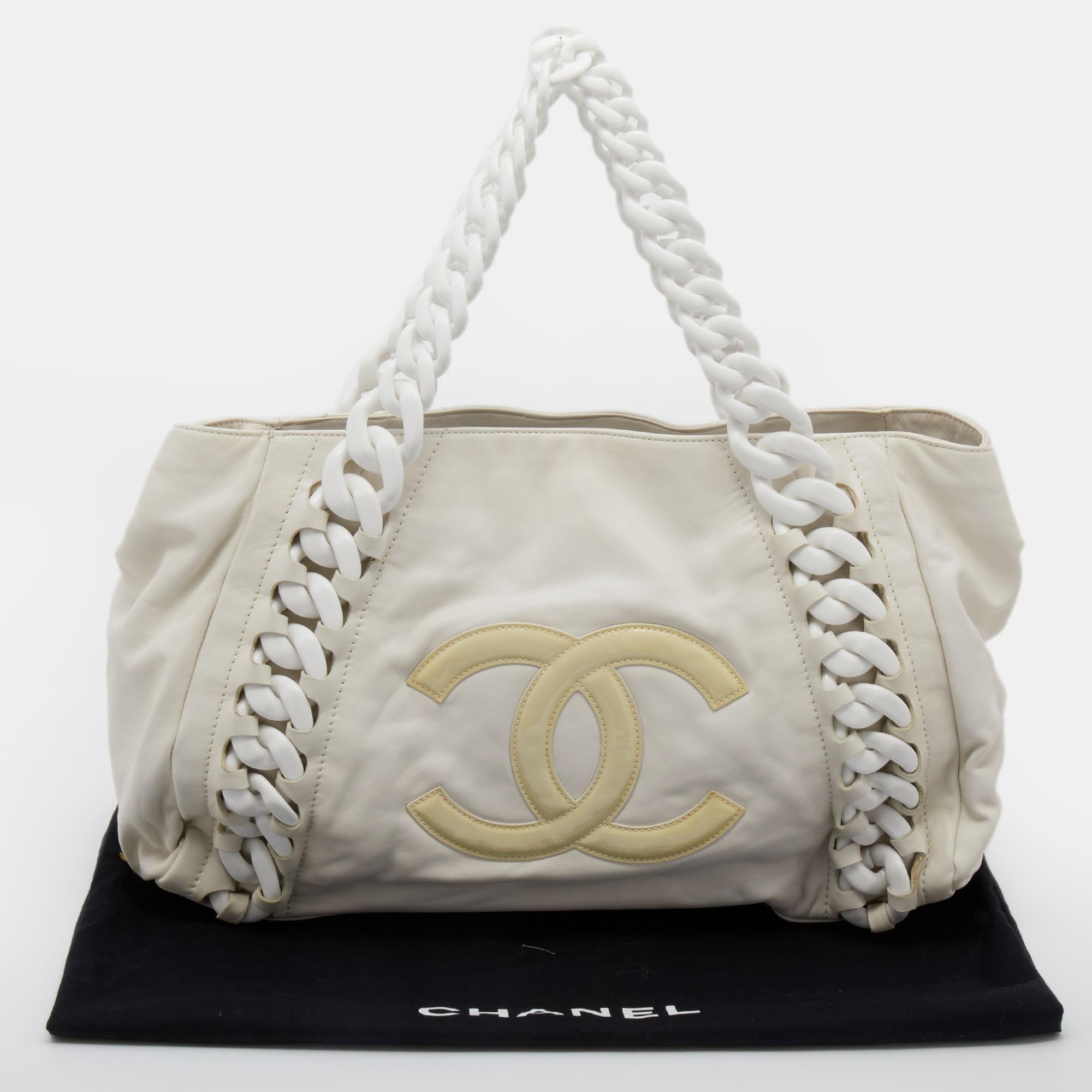 Chanel White Leather Modern Chain Rhodoid East West Tote 1
