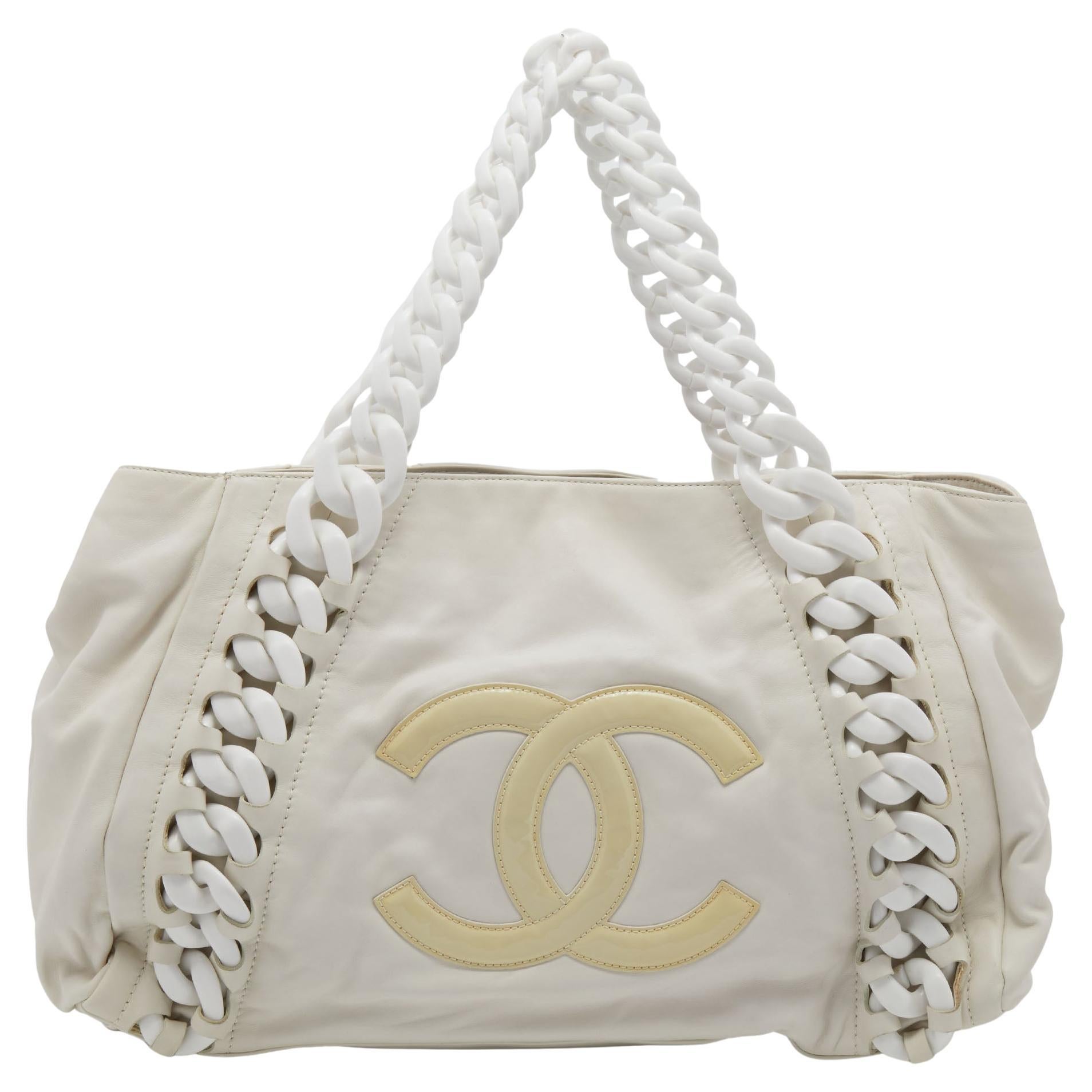 Chanel White Leather Modern Chain Rhodoid East West Tote