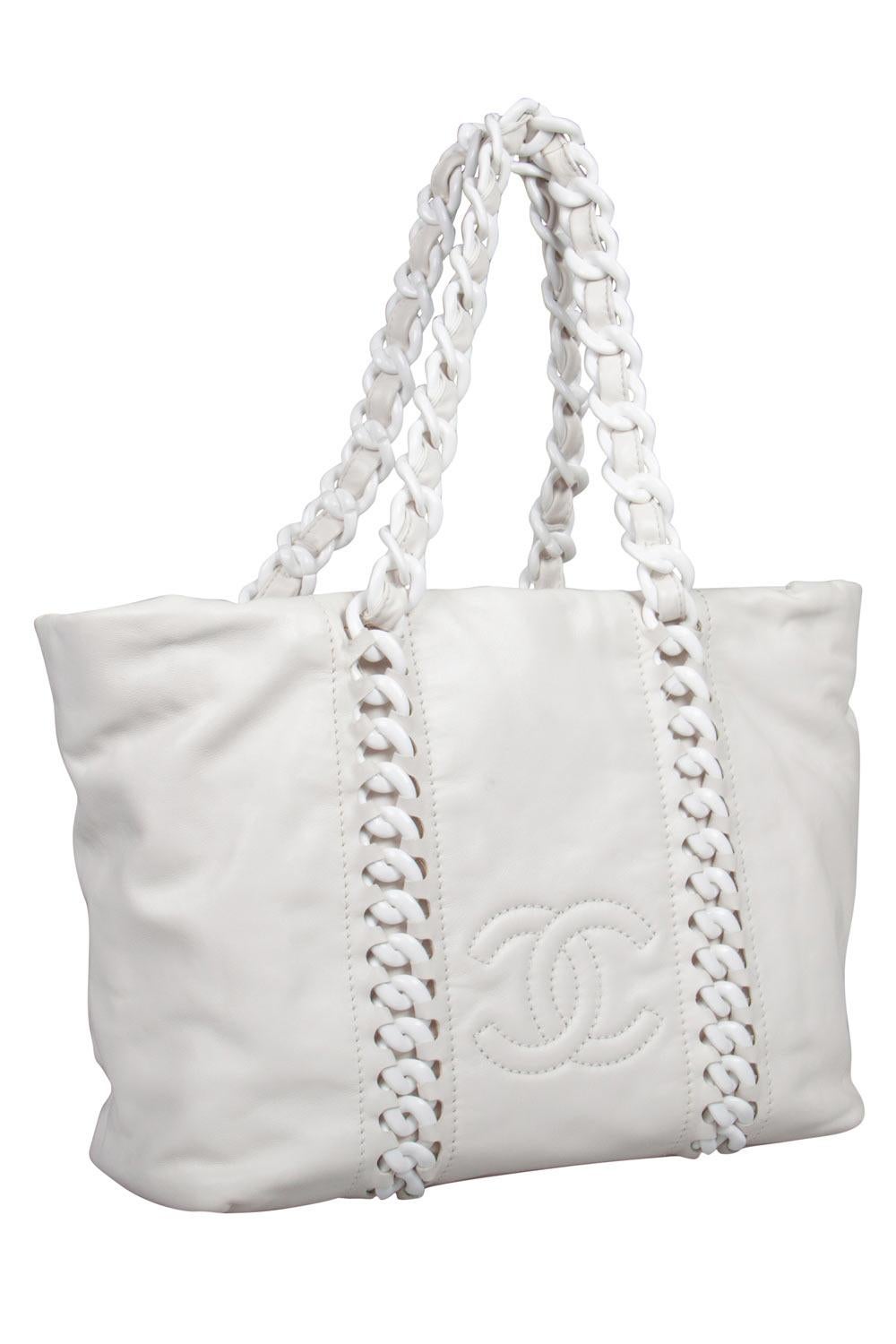 Gray Chanel White Leather Modern Chain Rhodoid Tote
