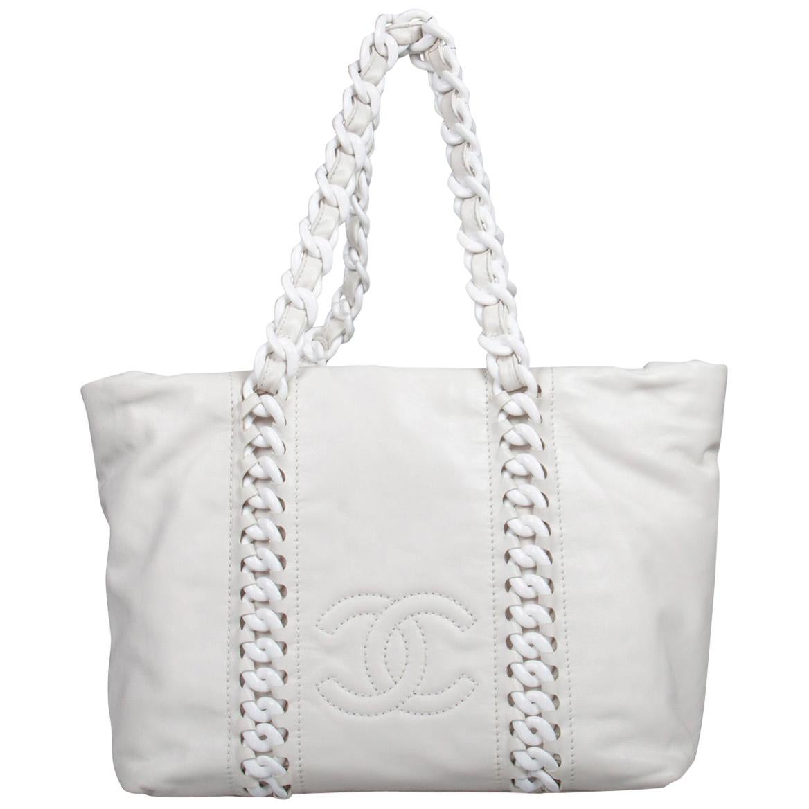 Chanel White Leather Modern Chain Rhodoid Tote