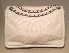 Chanel White Leather Quilted CC logo XL Maxi Classic Top Flap Shoulder Bag