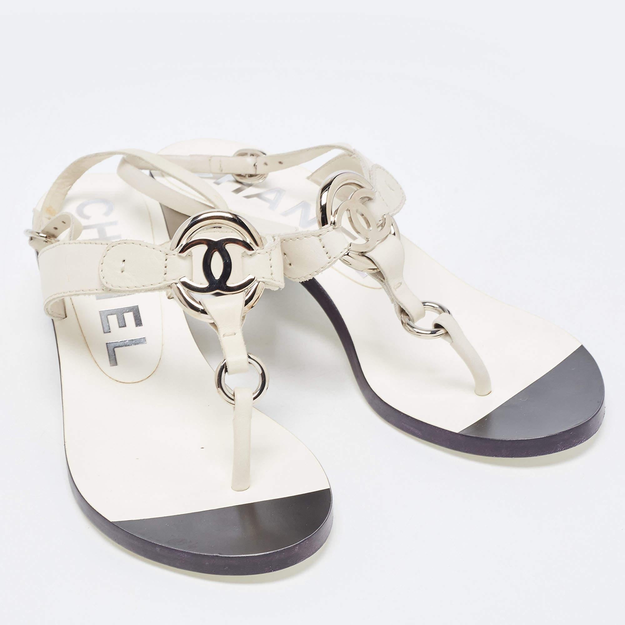 Gray Chanel White Leather Slingback Sandals Size 37