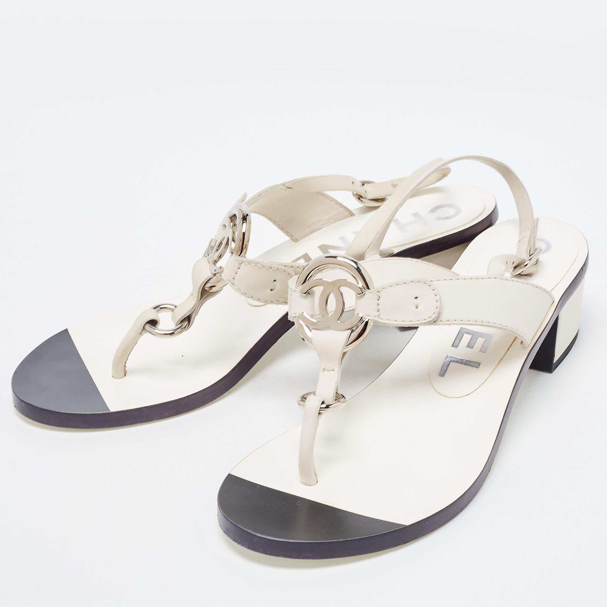 Chanel White Leather Slingback Sandals Size 37 4
