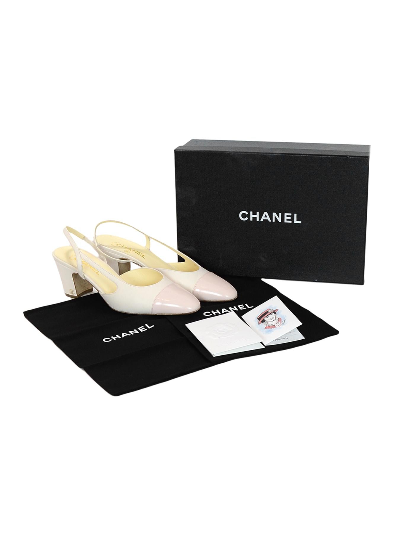 Chanel White Leather W/ Pink Glazed Cap Toe Slingback Heels Sz 40.5

Made In: Italy
Year of Production: 2017
Color: White and light pink
Hardware: Pale goldtone
Materials: Leather, glazed leather and metal
Closure/Opening:  Sling back
Overall