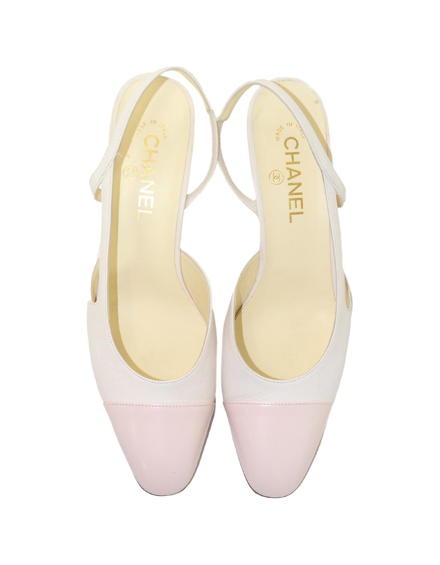 Chanel White Leather W/ Pink Glazed Cap Toe Slingback Heels Sz 40 In Excellent Condition In New York, NY