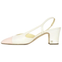 Chanel White Leather W/ Pink Glazed Cap Toe Slingback Heels Sz 40