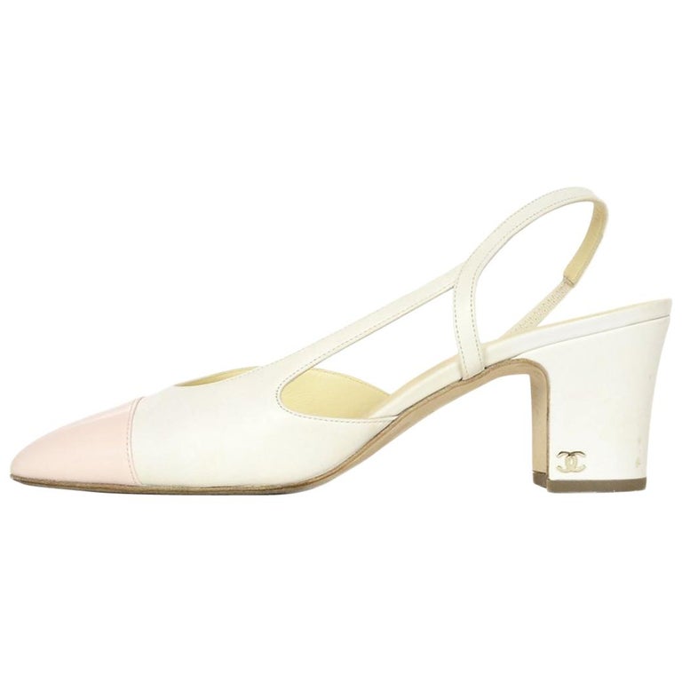 Chanel White Leather W/ Pink Glazed Cap Toe Slingback Heels Sz 40 For Sale  at 1stDibs
