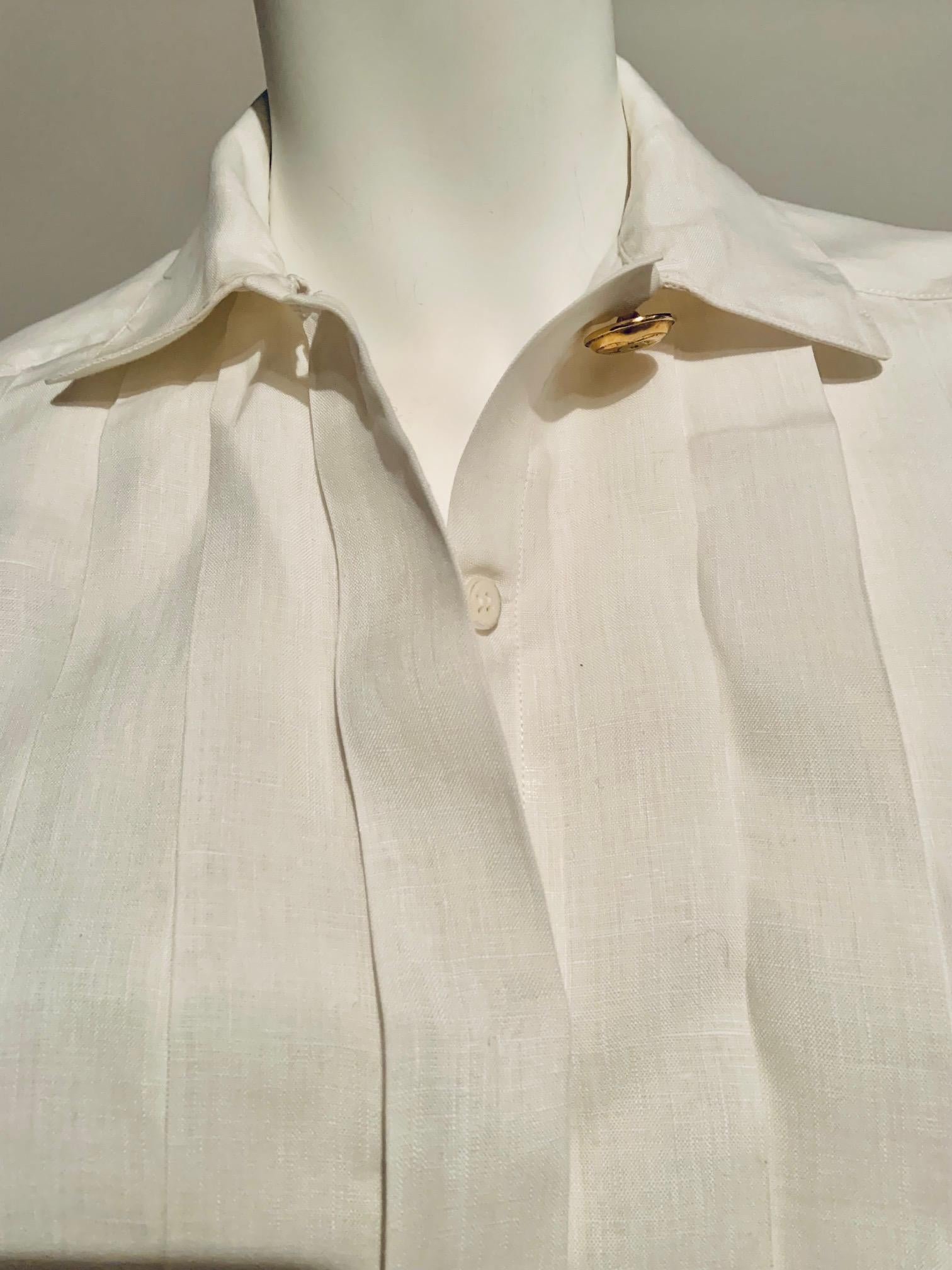 Chanel White Linen Pleated Tuxedo Style Blouse Double C Button and Cufflinks In Excellent Condition In New Hope, PA