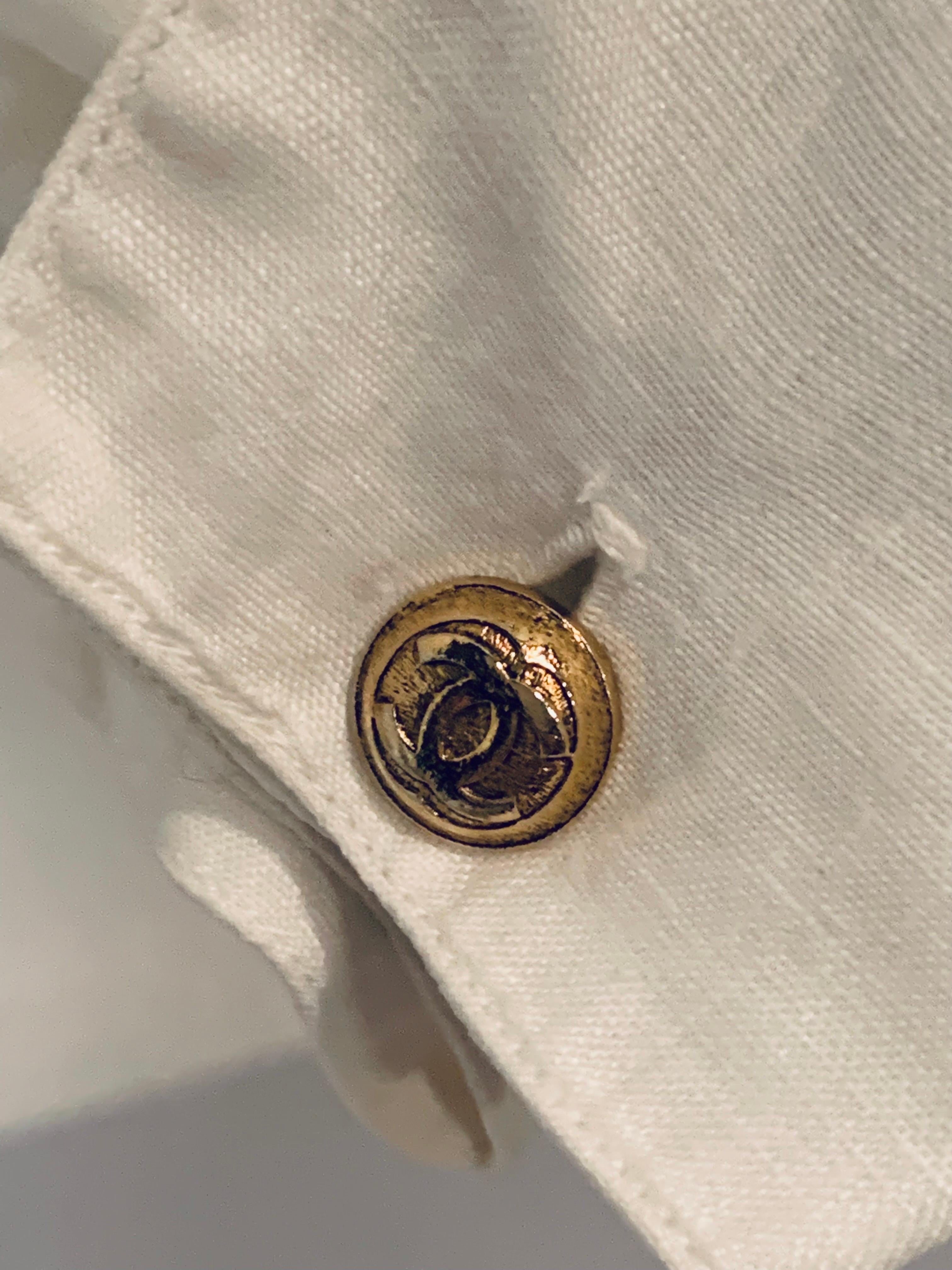 Chanel White Linen Pleated Tuxedo Style Blouse Double C Button and Cufflinks 1