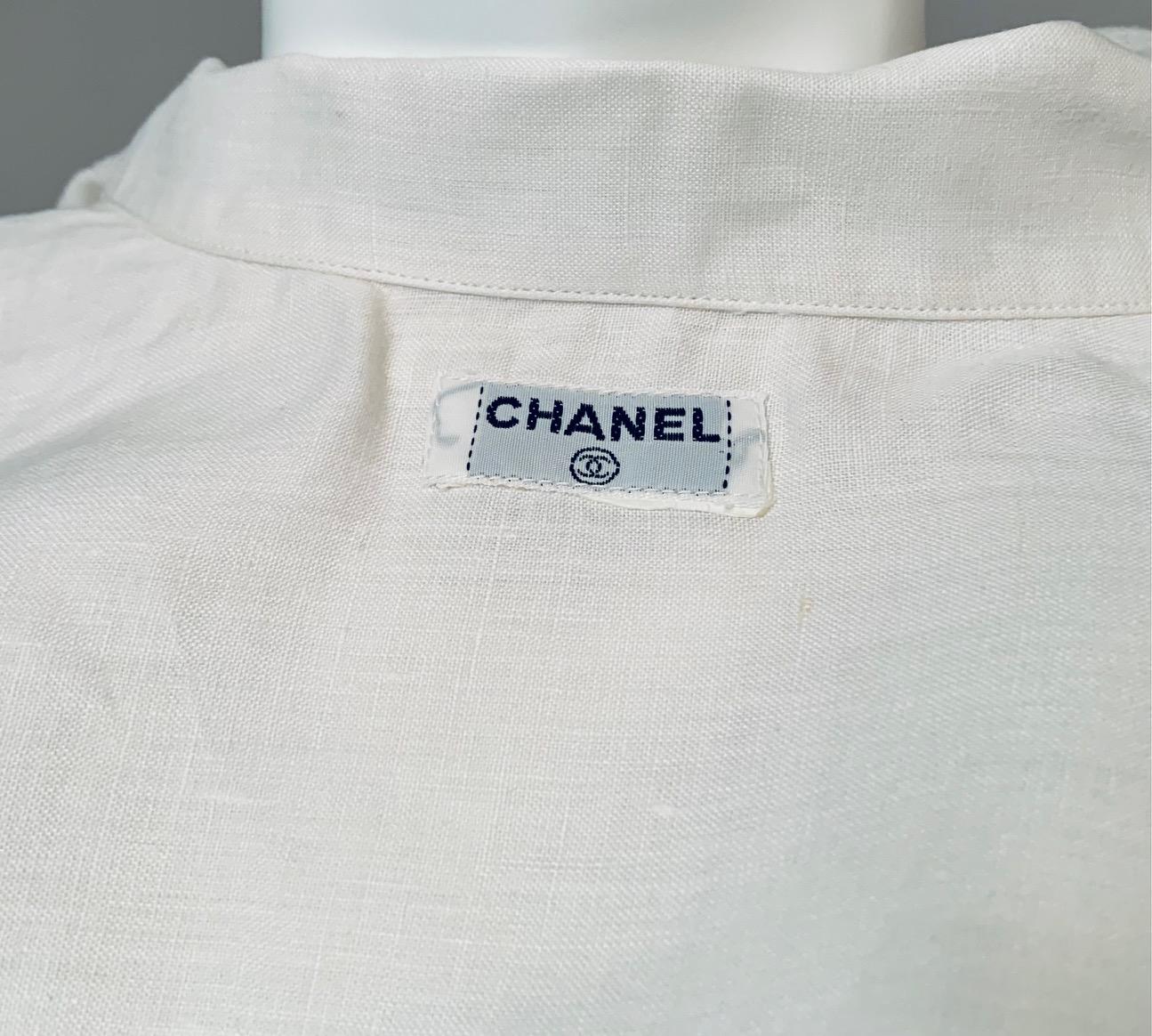 Chanel White Linen Pleated Tuxedo Style Blouse Double C Button and Cufflinks 2