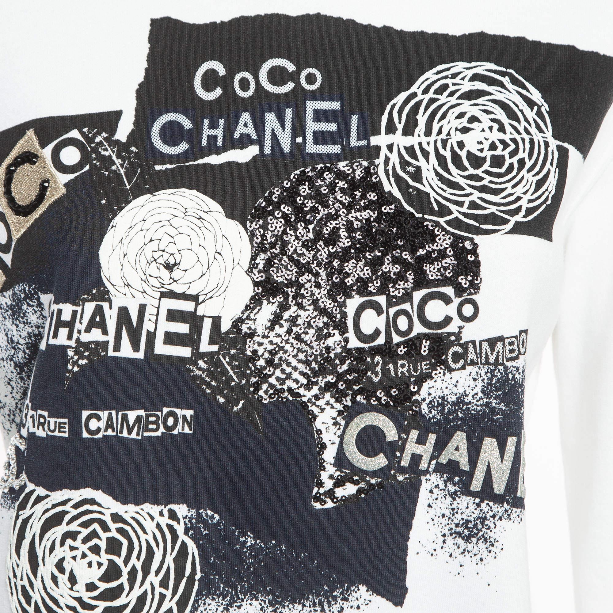 Women's  Chanel White Logo Embroidered Cotton Knit Sweatshirt XS