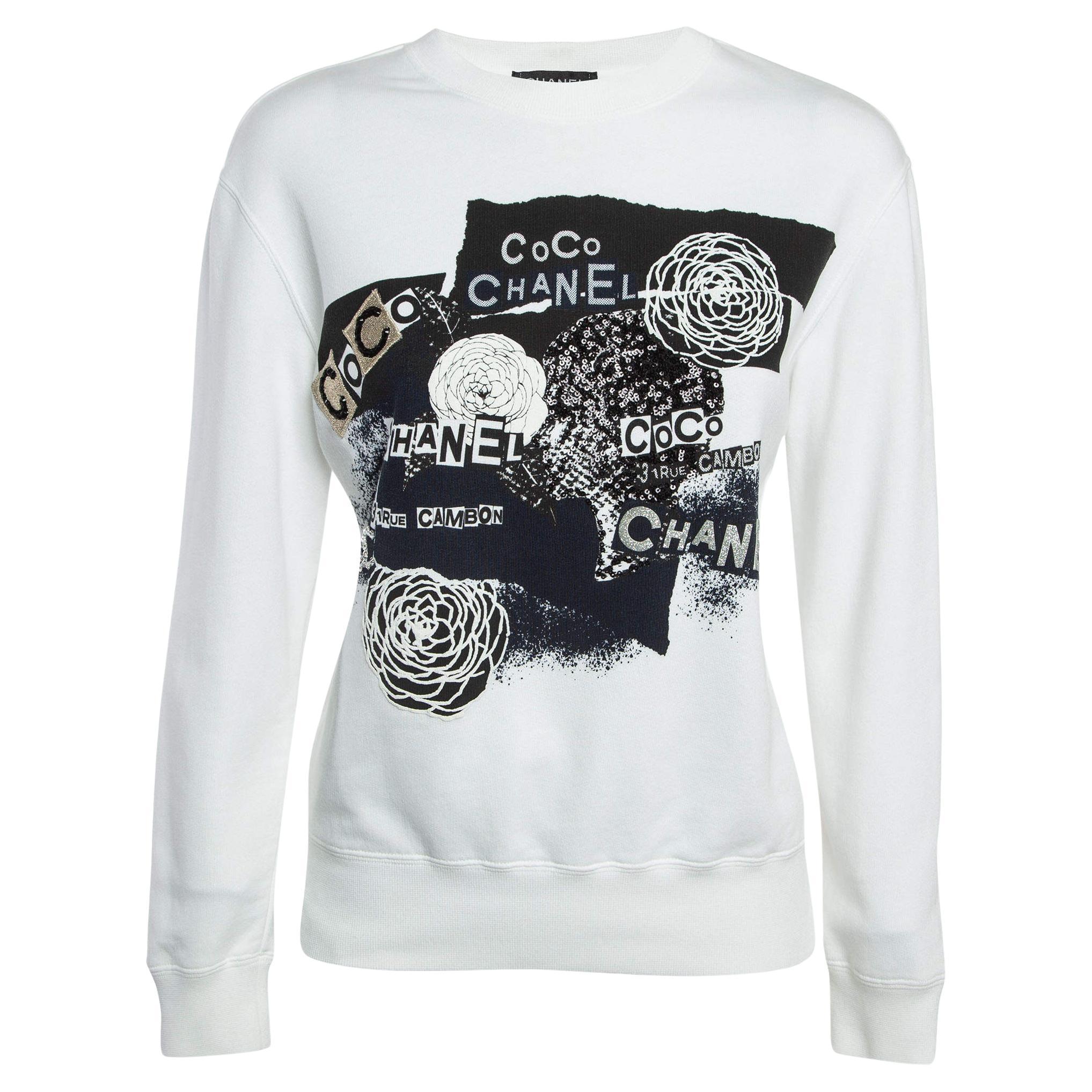  Chanel White Logo Embroidered Cotton Knit Sweatshirt XS