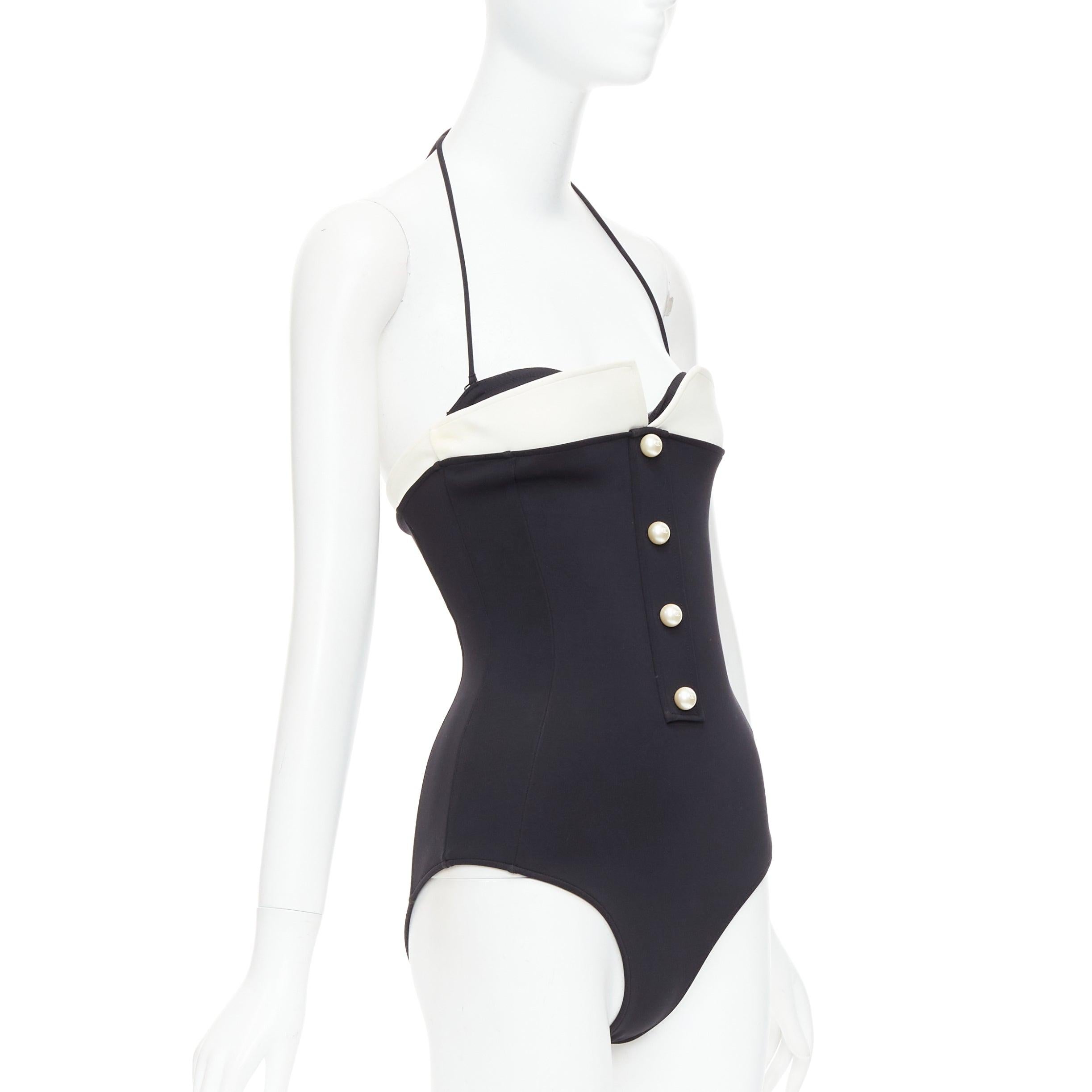 Noir CHANEL logo blanc fausse perle noir blanc maillot de bain une pièce dos nu FR34
