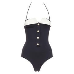 CHANEL white logo faux pearl black white collared halter one piece swimsuit FR34