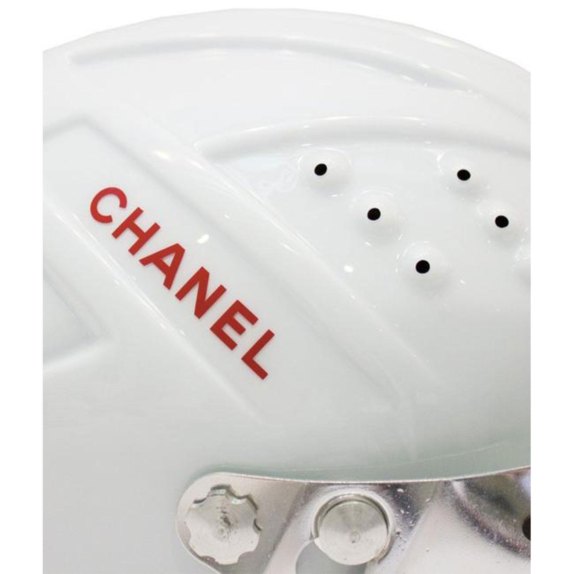 Chanel 2001 White Logo Vintage Mountaineer Helmet Limited Edition Novelty Hat In Good Condition For Sale In Miami, FL