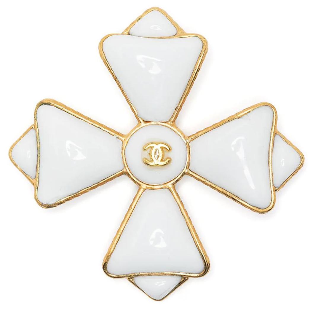Chanel White Maltese Cross Brooch