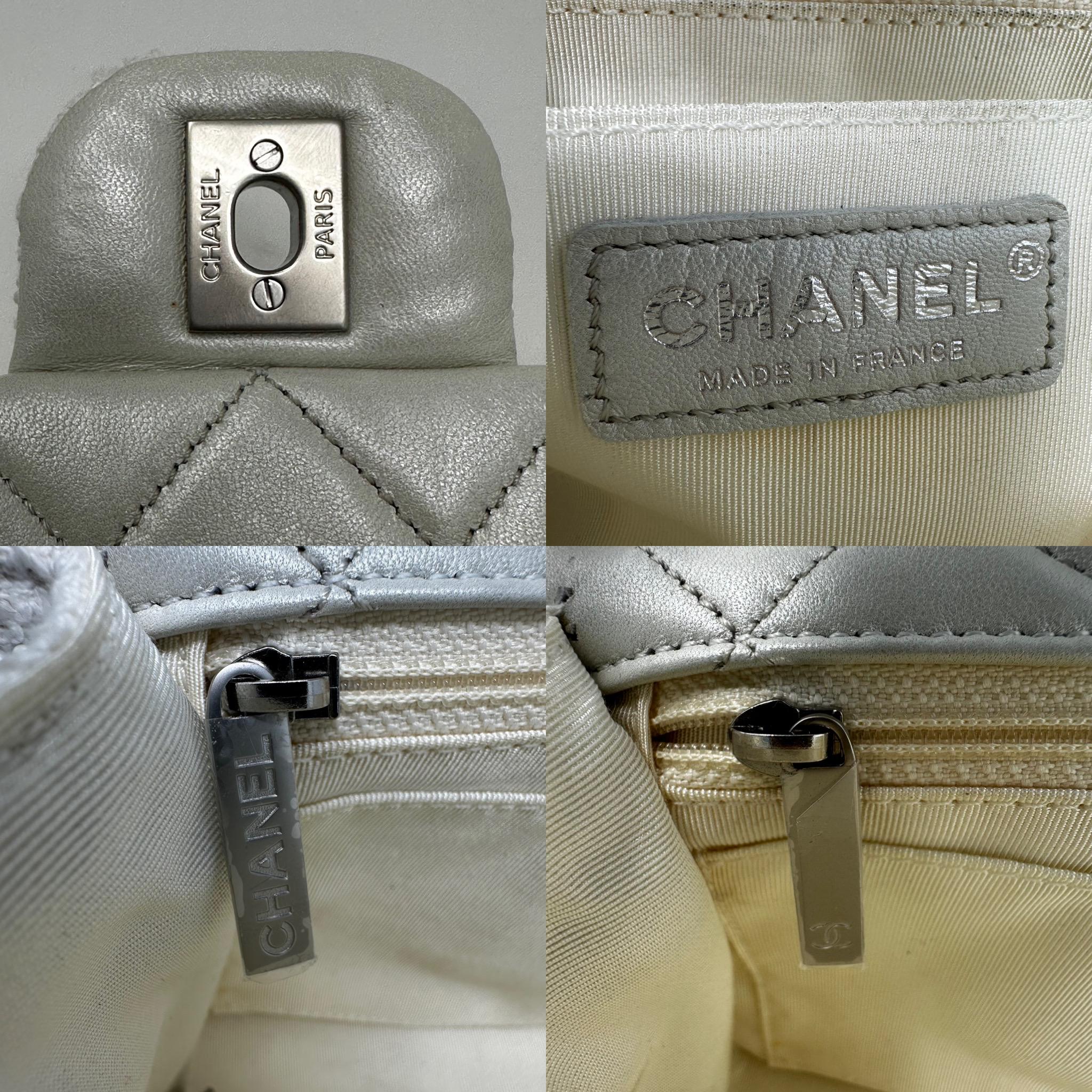 CHANEL White Medium Classic Flap Pearl Embellished Tweed Bag SHW For Sale 6