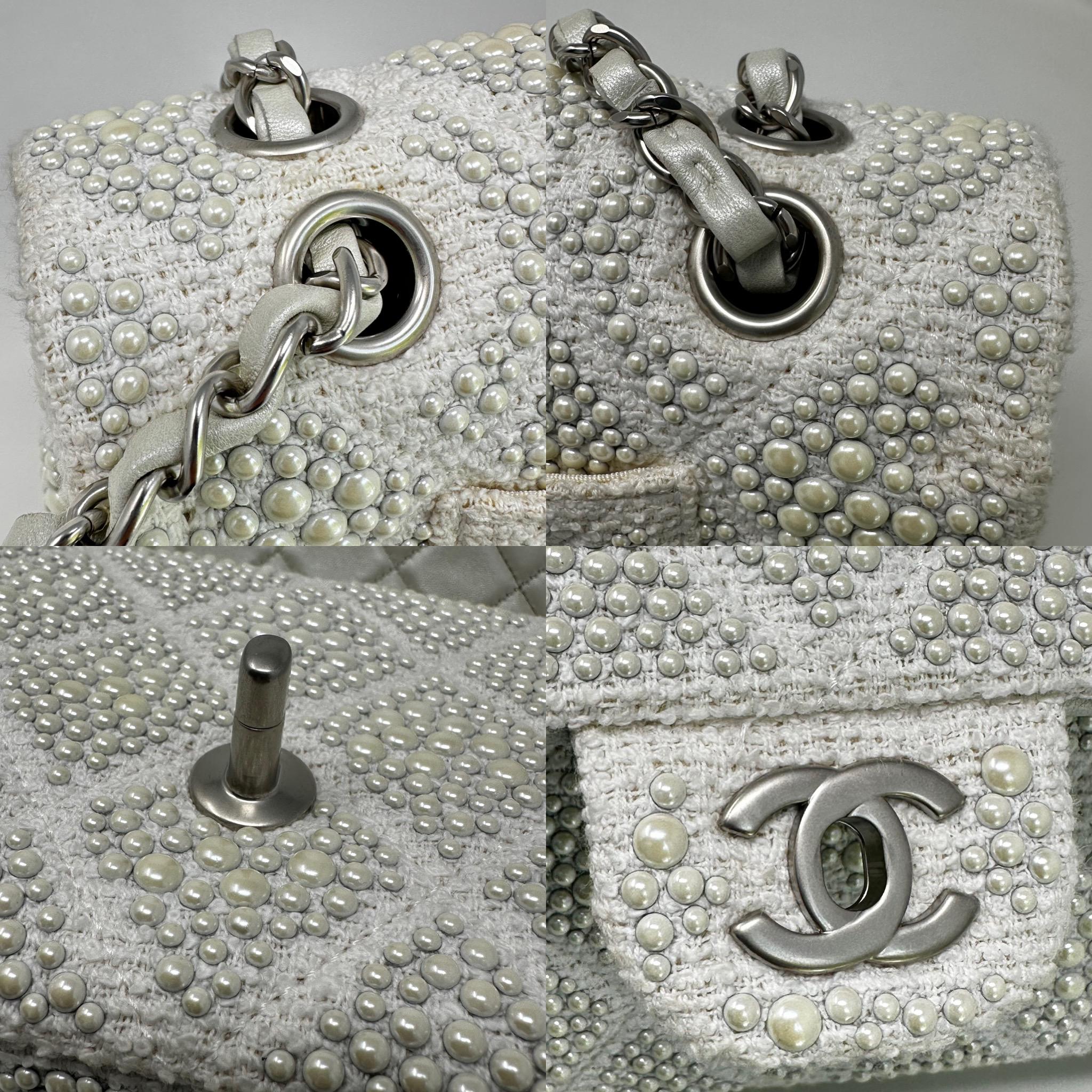 CHANEL White Medium Classic Flap Pearl Embellished Tweed Bag SHW For Sale 7