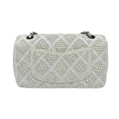 CHANEL White Medium Classic Flap Pearl Embellished Tweed Bag SHW