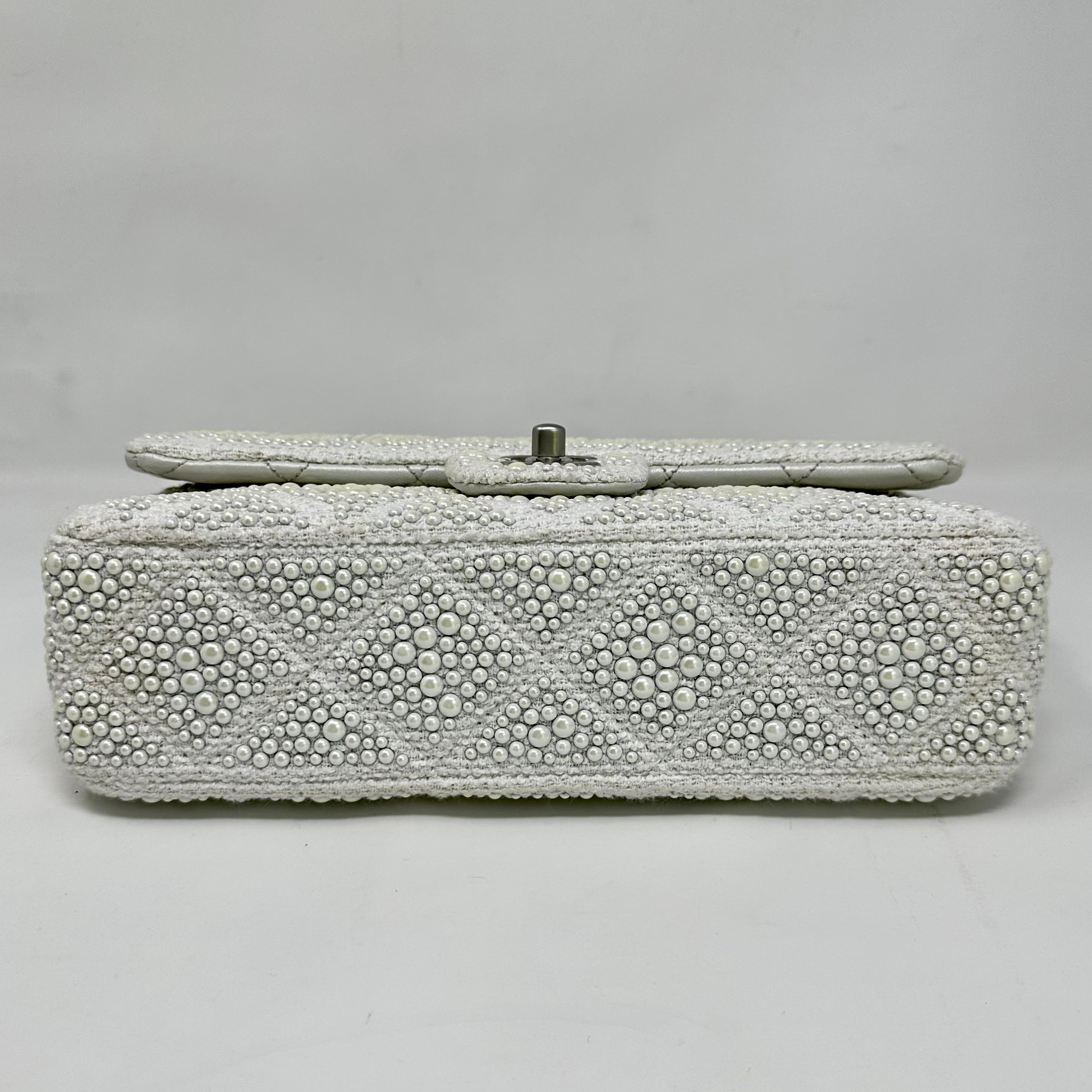 CHANEL White Medium Classic Flap Pearl Embellished Tweed Bag SHW For Sale 1