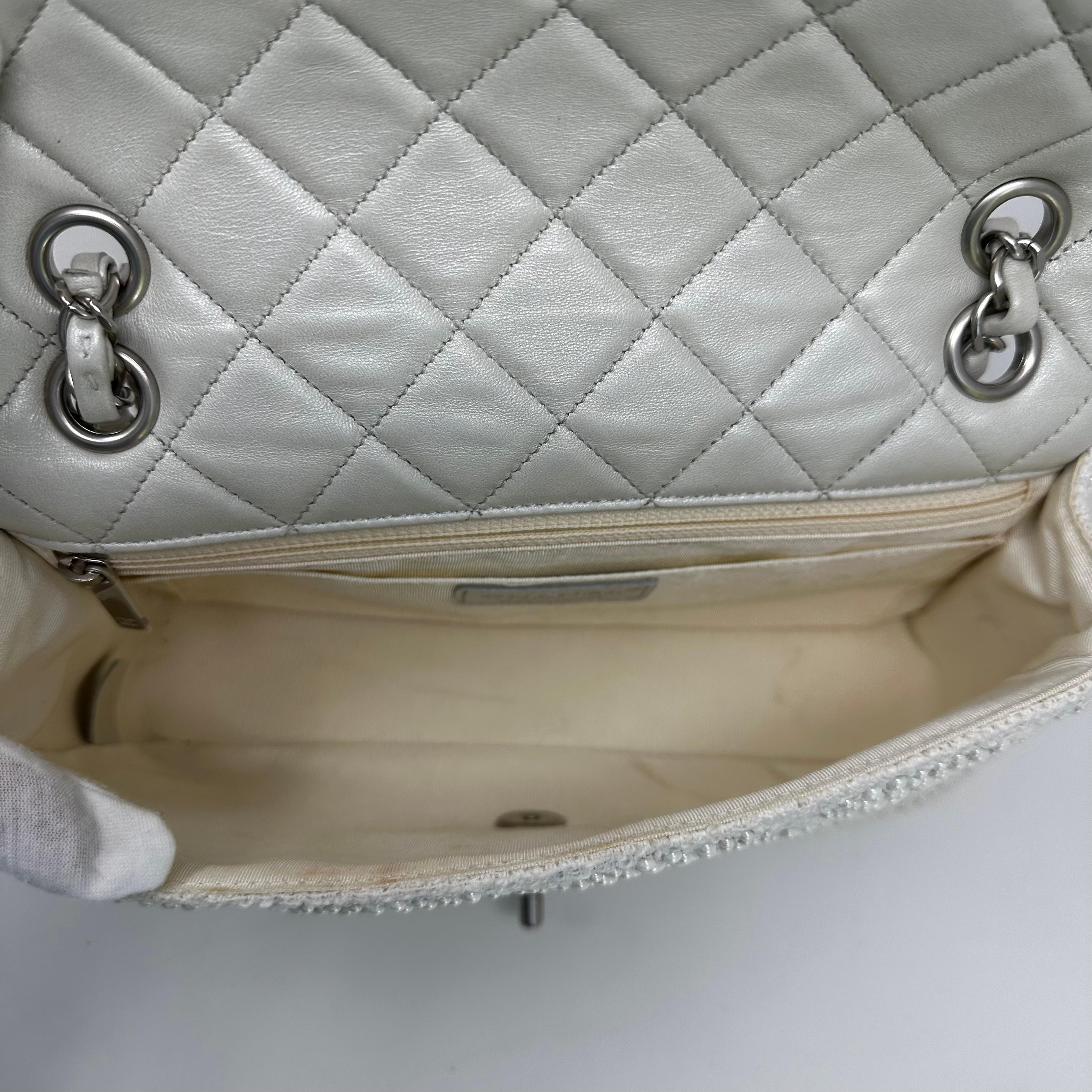 CHANEL White Medium Classic Flap Pearl Embellished Tweed Bag SHW For Sale 2