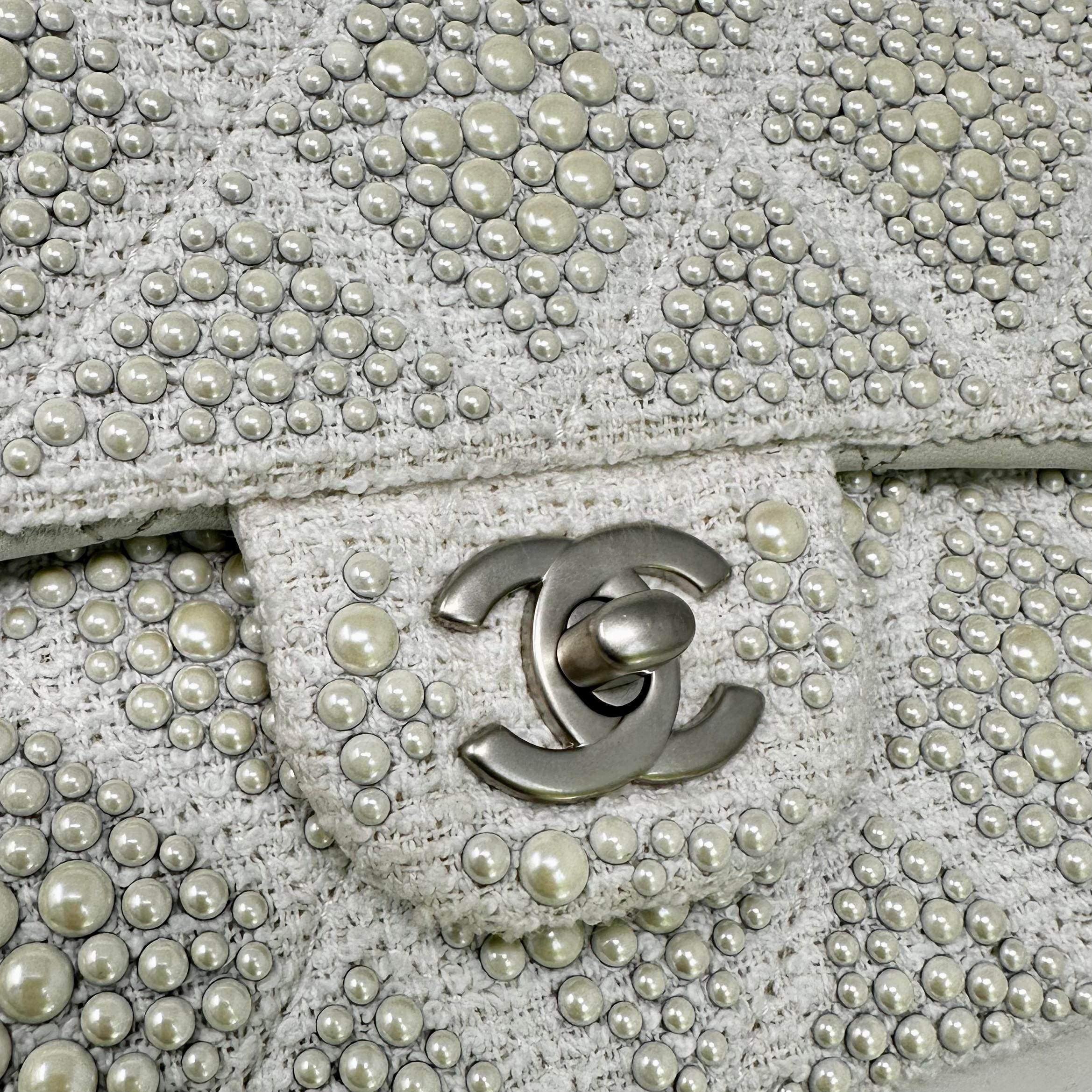 CHANEL White Medium Classic Flap Pearl Embellished Tweed Bag SHW For Sale 3