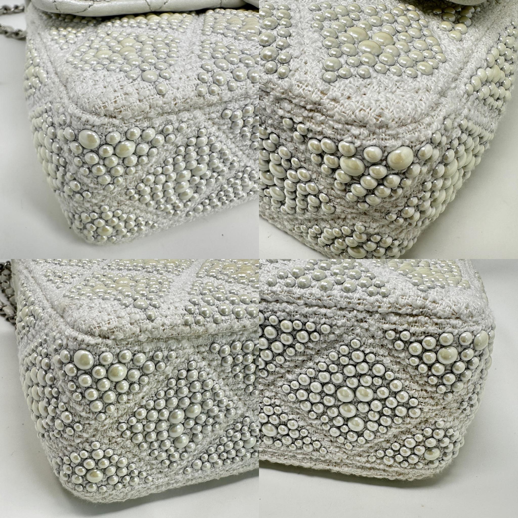 CHANEL White Medium Classic Flap Pearl Embellished Tweed Bag SHW For Sale 4