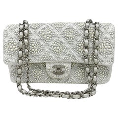 CHANEL White Medium Classic Flap Pearl Embellished Tweed Bag SHW