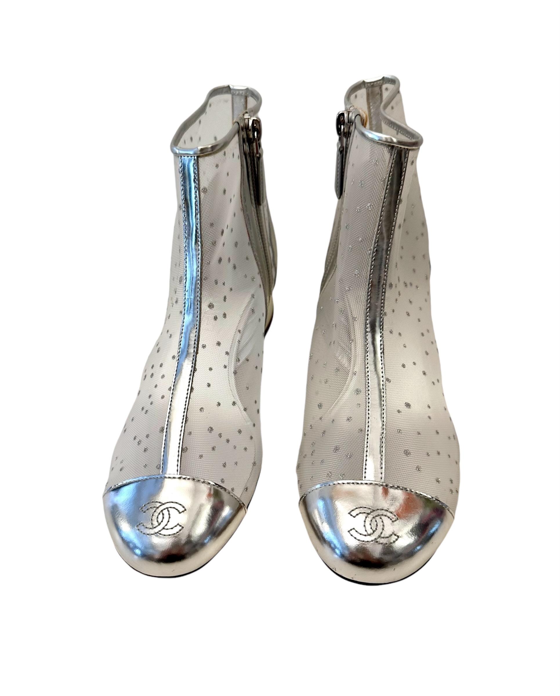 Gray Chanel White Mesh and Silver Mirror Calfskin Short Boots