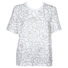 Chanel White Metallic Camellia Printed Cotton Crewneck T-Shirt L