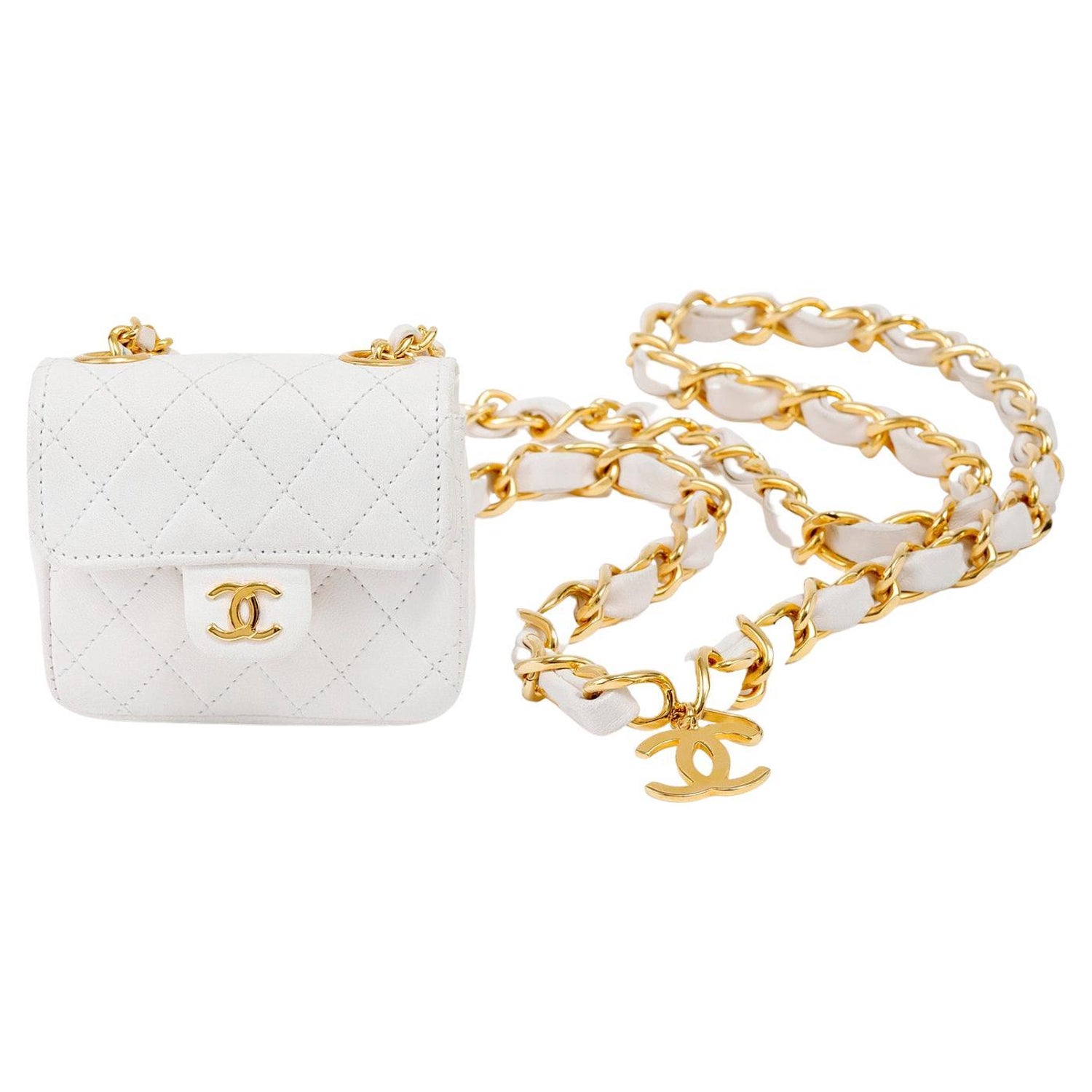 Chanel Light Beige Cream Quilted Leather Micro Flap Charm Bag