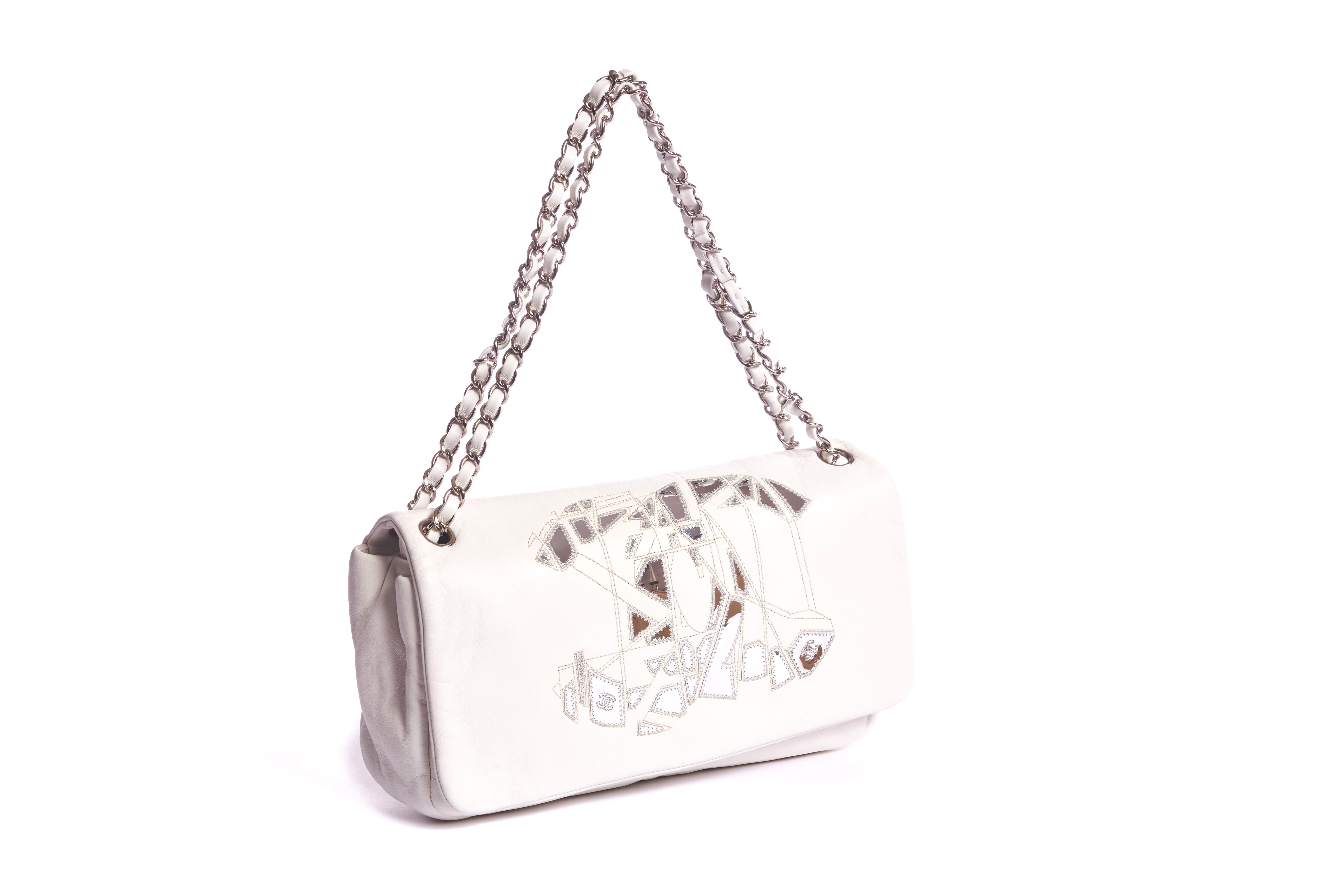 Chanel mint condition white mirror cc logo single flap bag with silver hardware. Shoulder drop 8.5