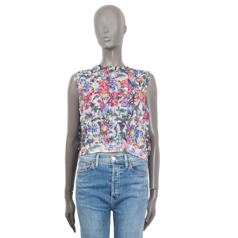 CHANEL white and multi 2015 DUBAI FLORAL PLEATED Sleeveless Blouse Shirt 38  S For Sale at 1stDibs