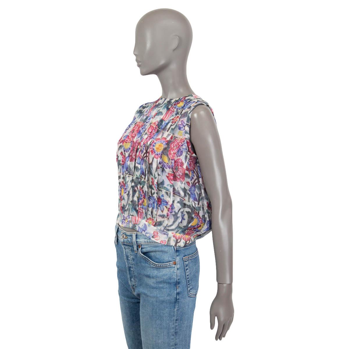 Gray CHANEL white & multi 2015 DUBAI FLORAL PLEATED Sleeveless Blouse Shirt 38 S For Sale