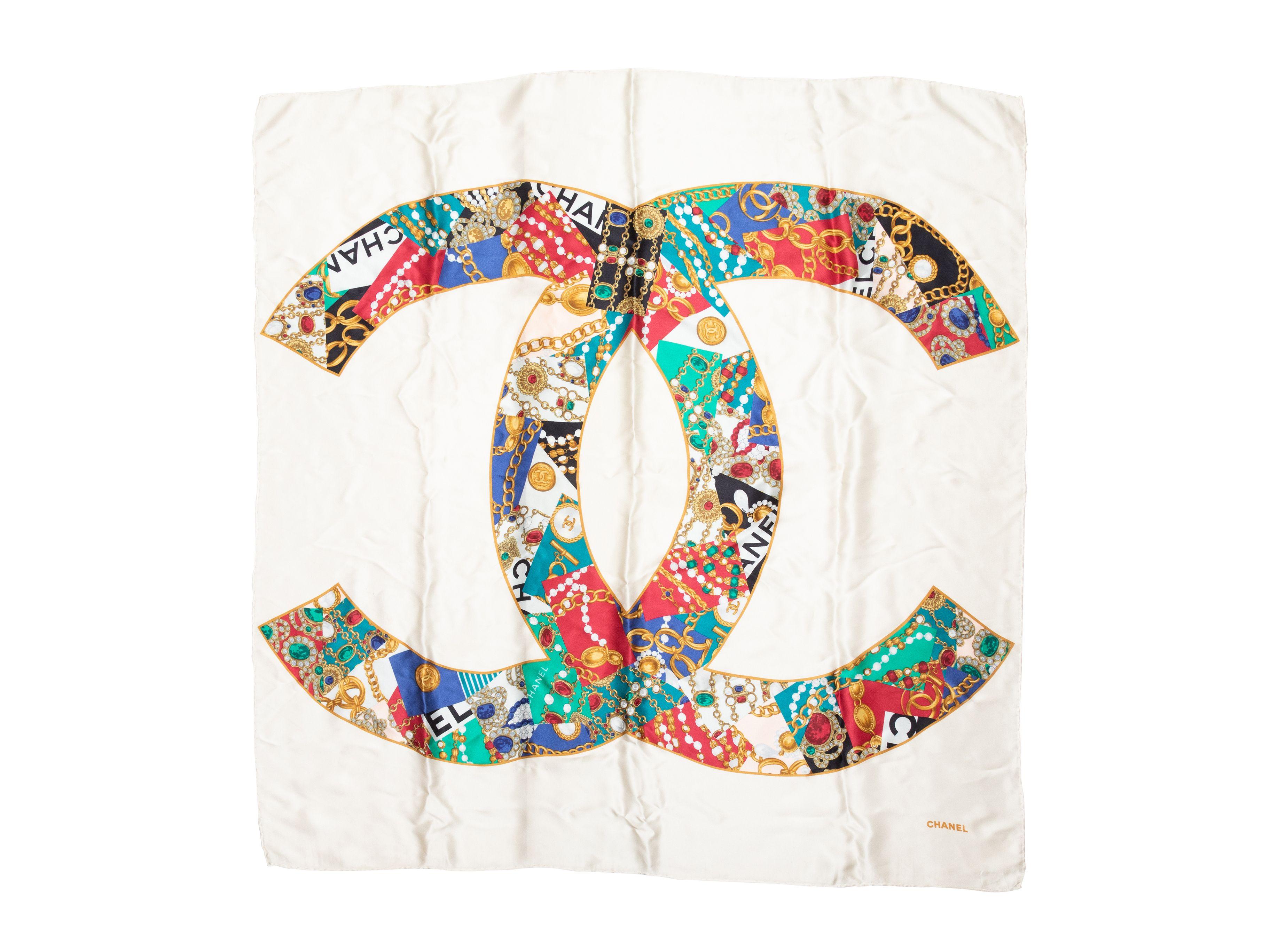Product Details: White and multicolor CC logo print silk scarf by Chanel. 34