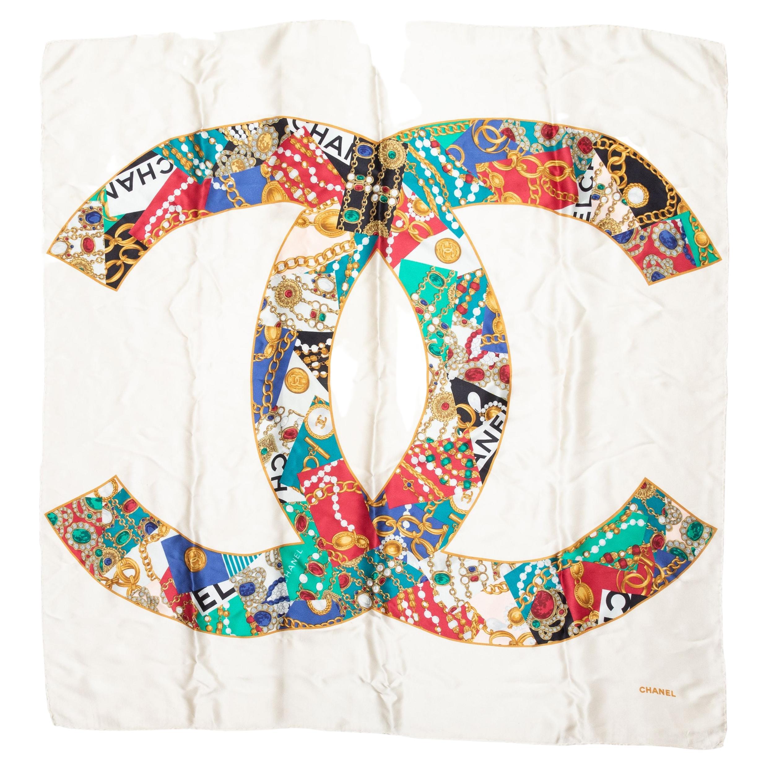 Chanel White & Multicolor CC Print Silk Scarf