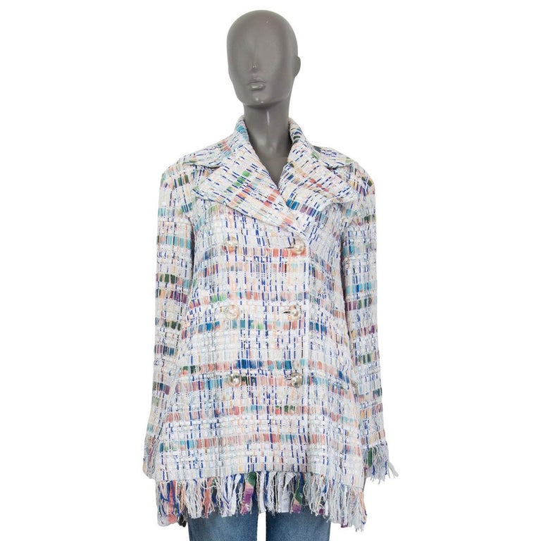 CHANEL white and multicolor cotton 2018 FRINGED TWEED Jacket 36 XS For Sale  at 1stDibs