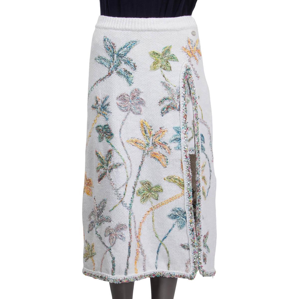 Gray CHANEL white & multicolor cotton 2019 FLORAL EMBROIDERED MIDI Skirt 38 S