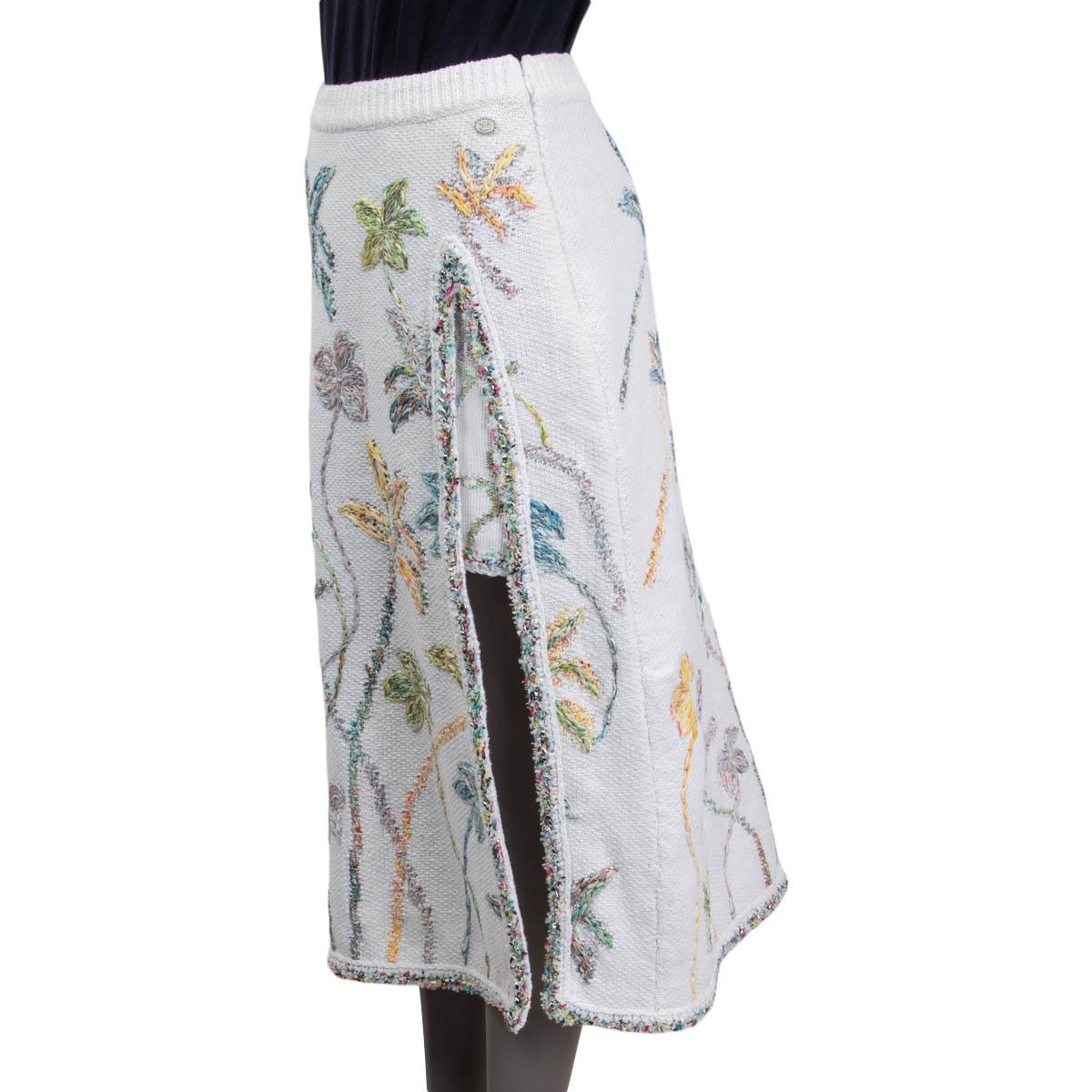 Women's CHANEL white & multicolor cotton 2019 FLORAL EMBROIDERED MIDI Skirt 38 S