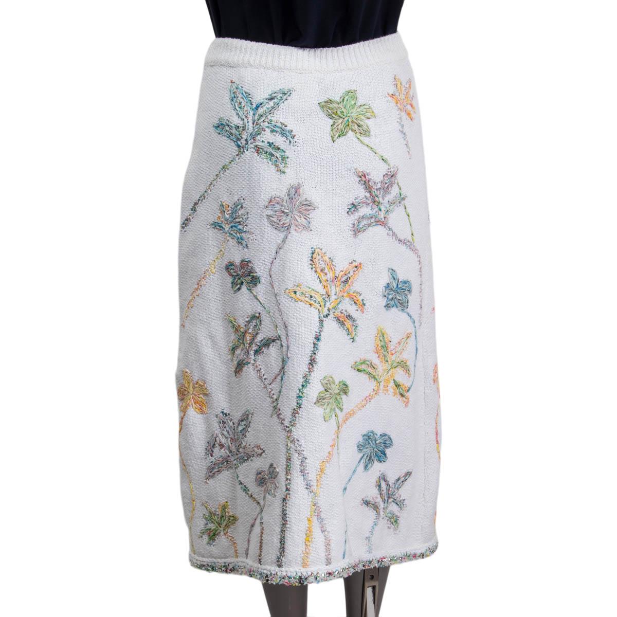 CHANEL white & multicolor cotton 2019 FLORAL EMBROIDERED MIDI Skirt 38 S 1