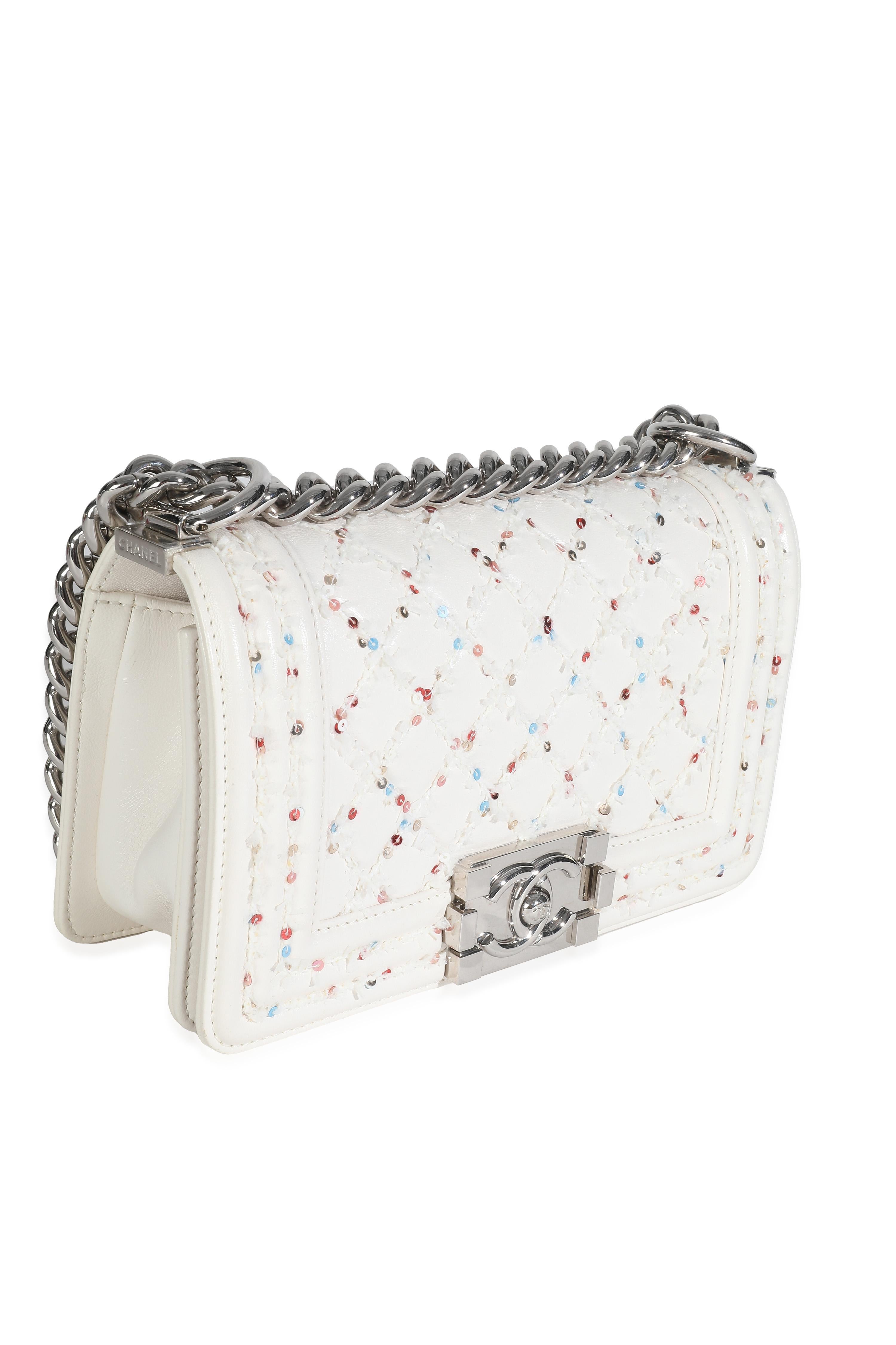 Gris Chanel White Multicolor Lambskin Sequin Embroidered Small Boy Bag en vente